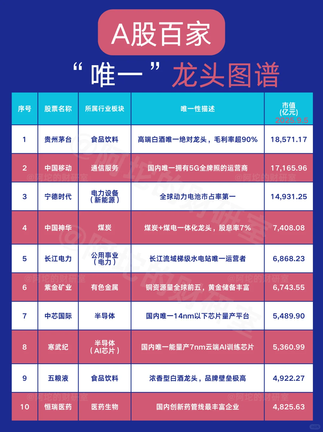 A股百家“唯一”龙头图谱(附2025.9.5市值)