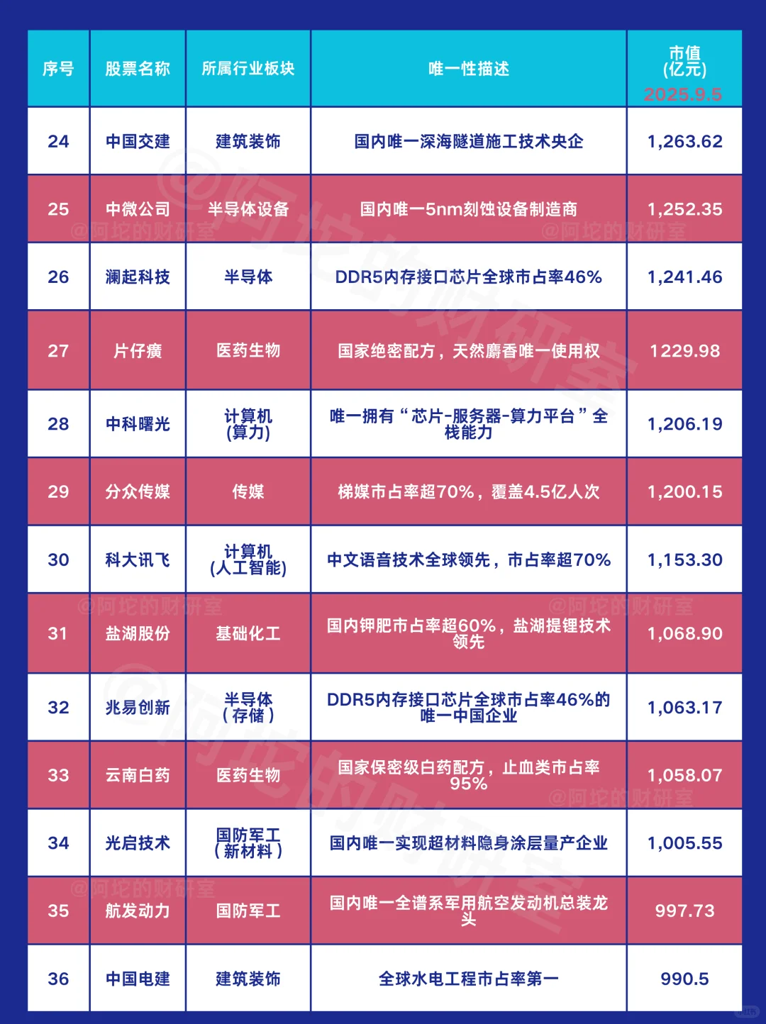 A股百家“唯一”龙头图谱(附2025.9.5市值)