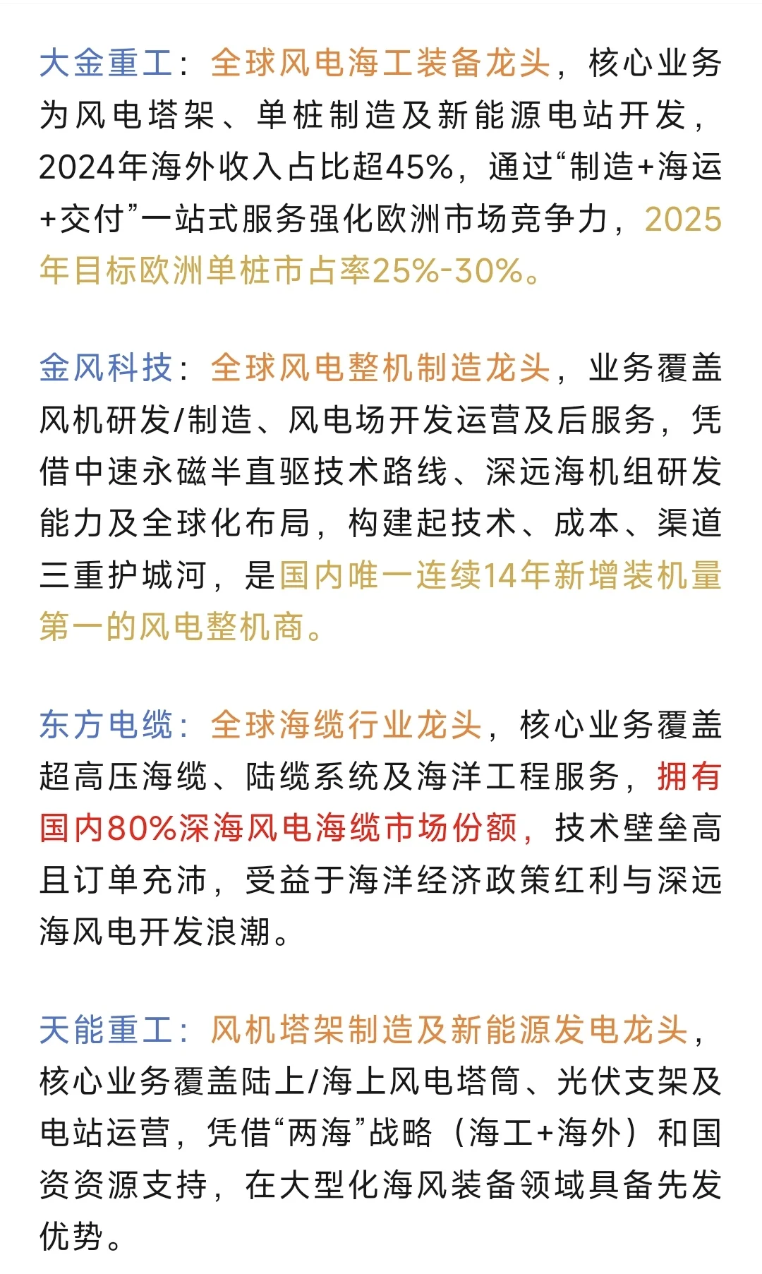 风电行业细分龙头梳理