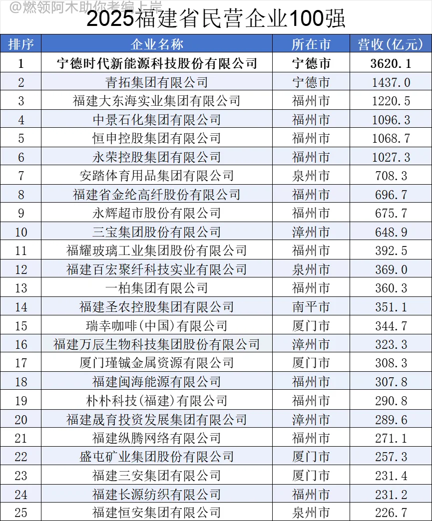 2025福建省民营企业100强！有你的公司吗？