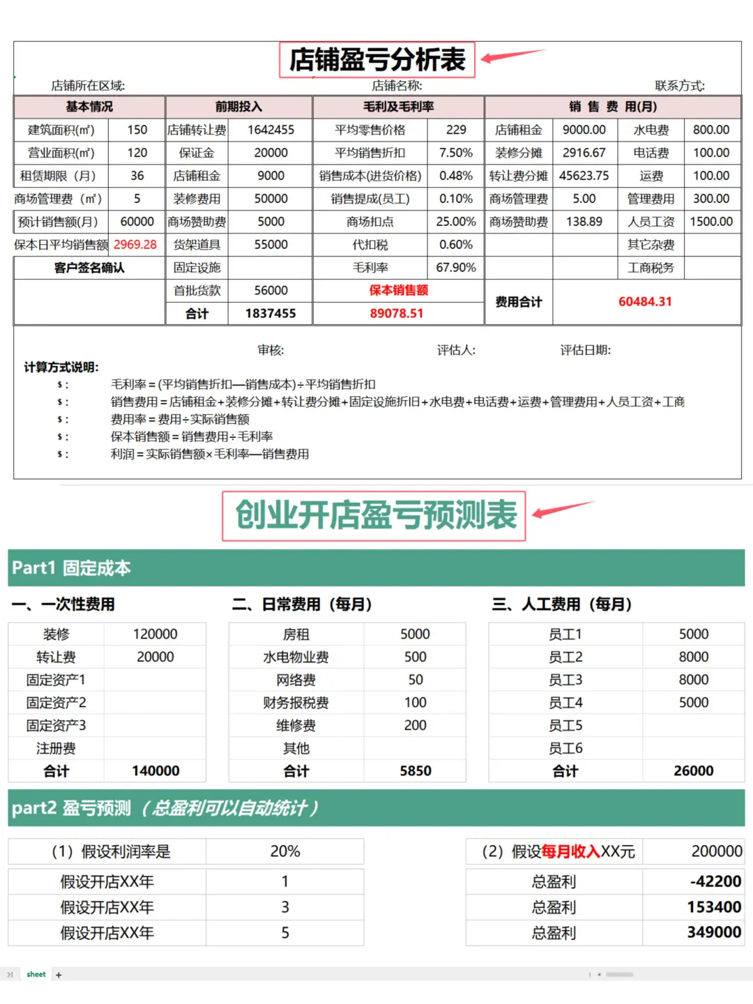 毛利率和盈亏平衡点（自动计算表）