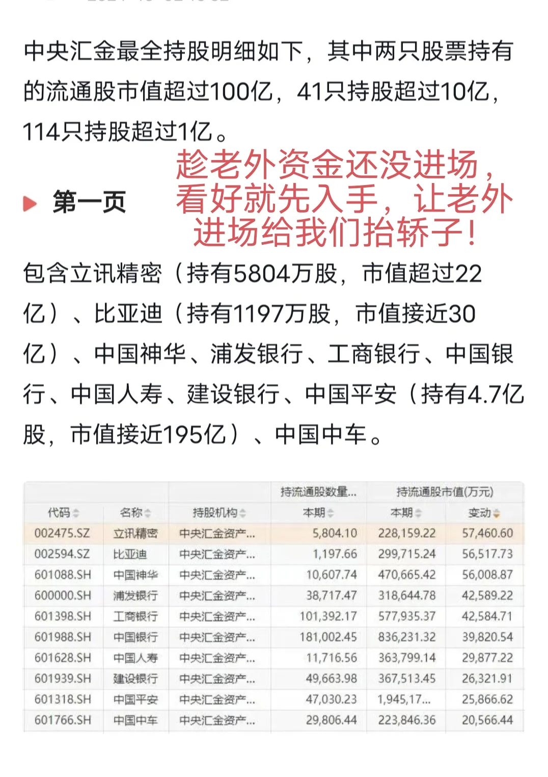 最全的中央汇金持股名单，国家核心资产