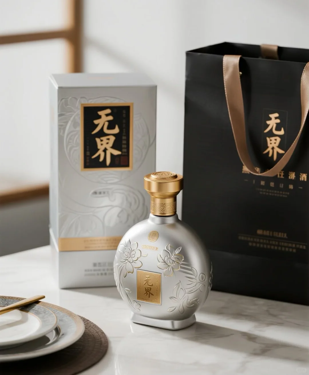 银色浮雕高级感中式酒瓶设计 白酒包装设计