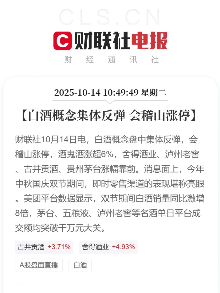白酒概念集体反弹 会稽山涨停