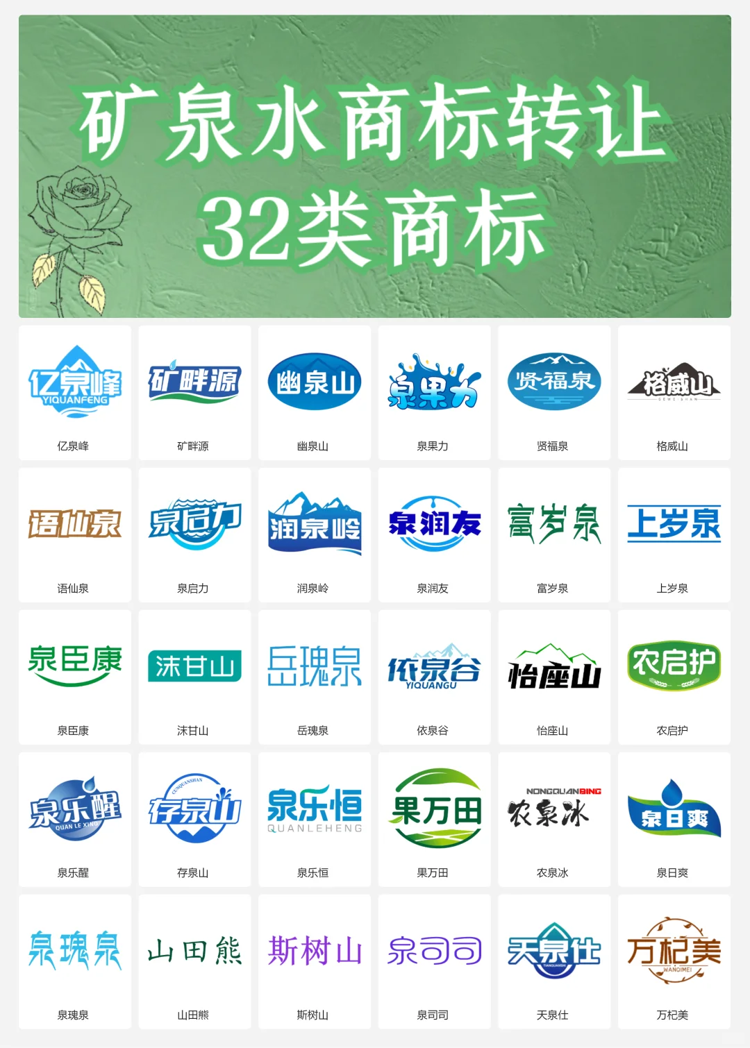 矿泉水 纯净水 32类饮用水商标转让