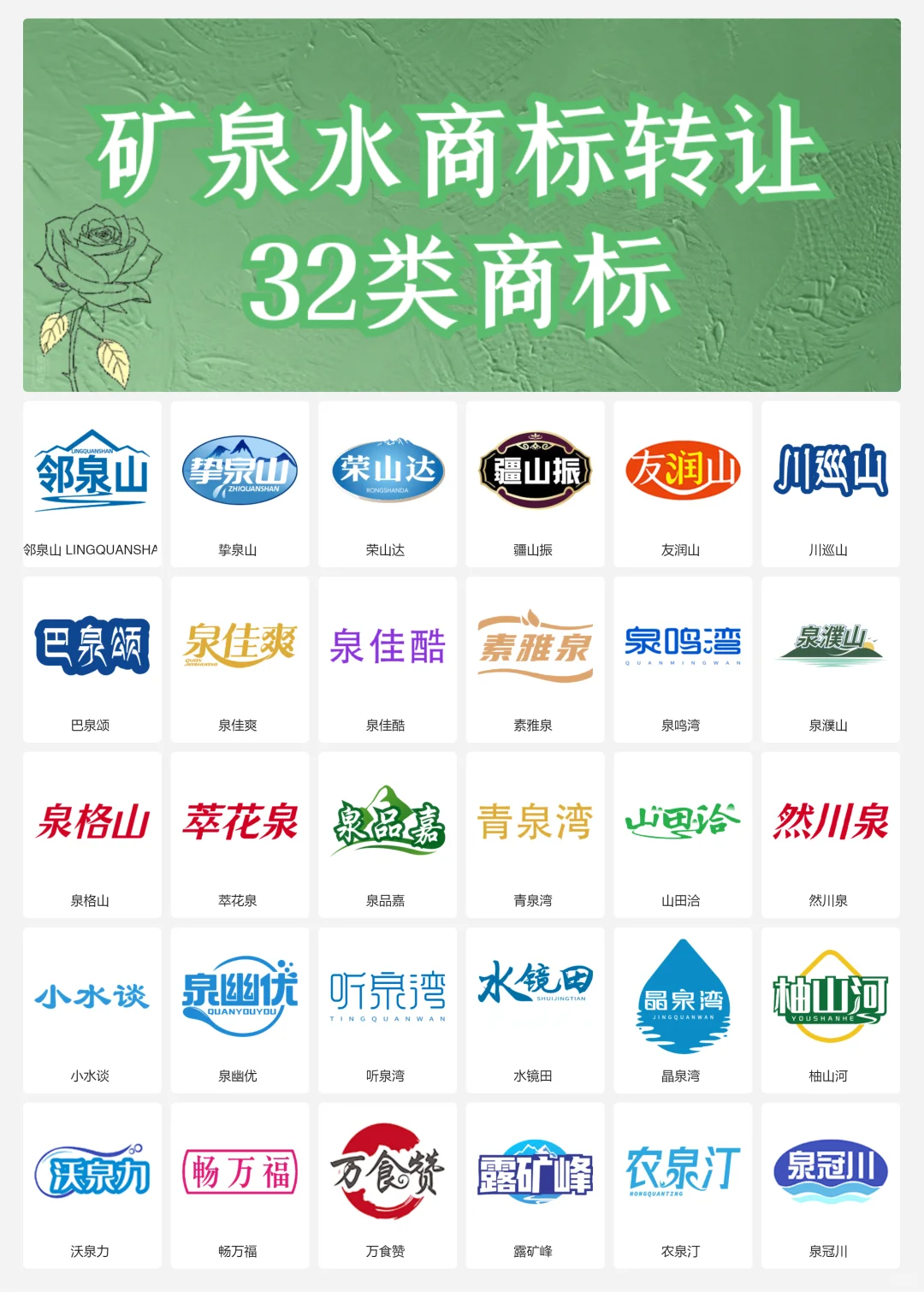 矿泉水 纯净水 32类饮用水商标转让