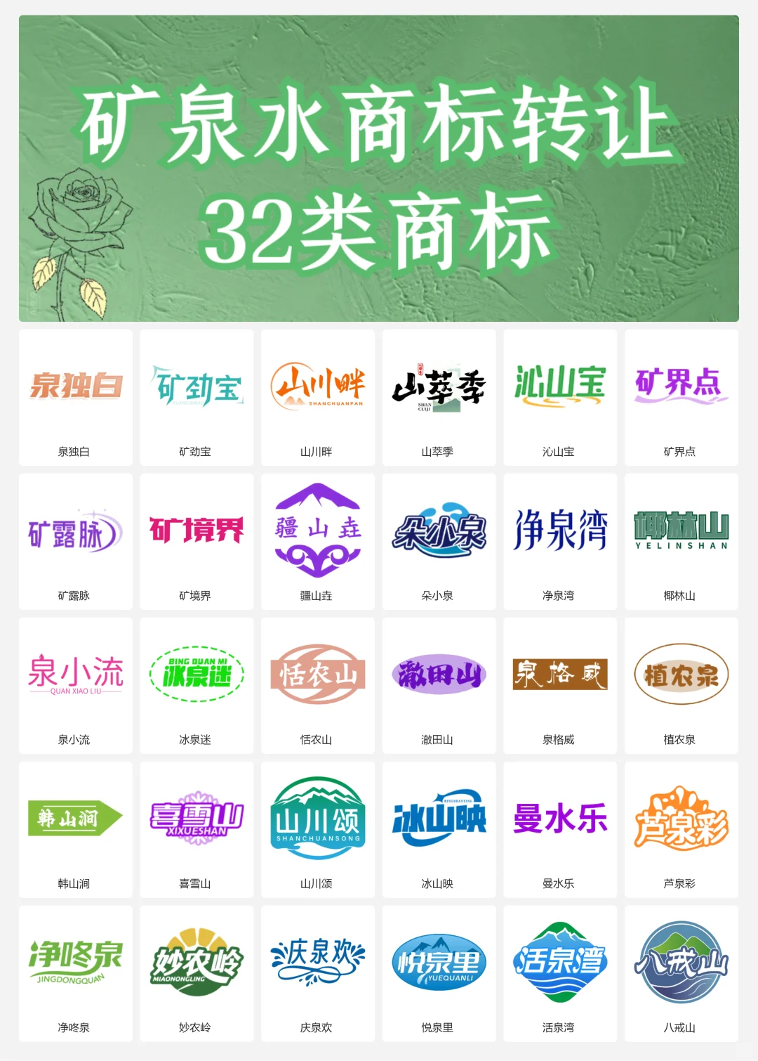 矿泉水 纯净水 32类饮用水商标转让