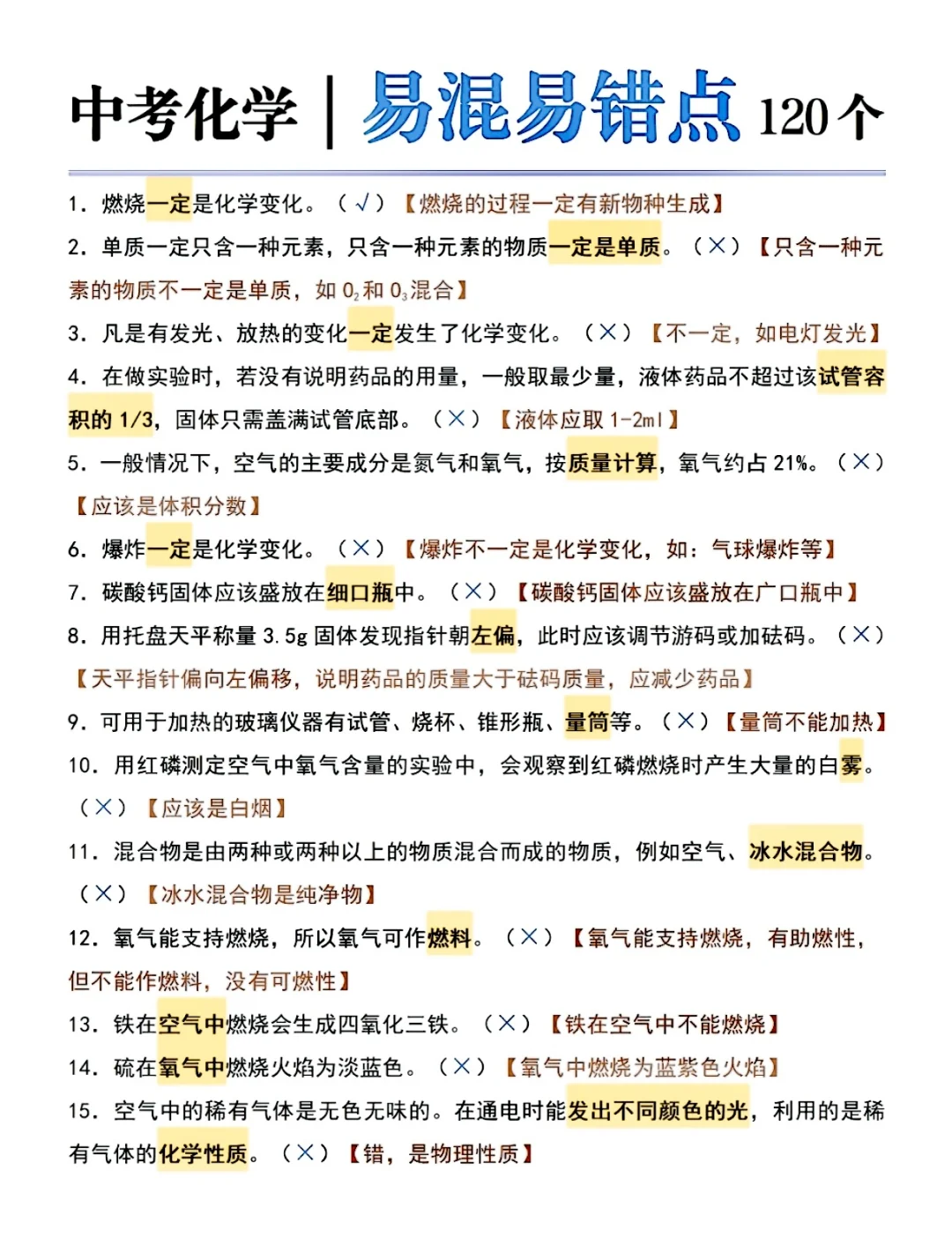 初中化学易错点