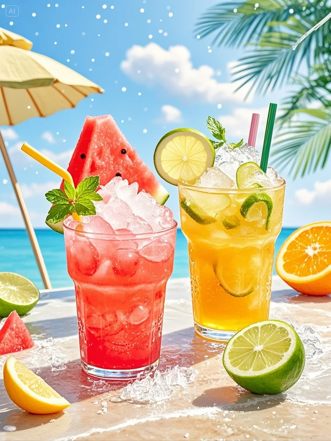 海边，冰镇，果汁???