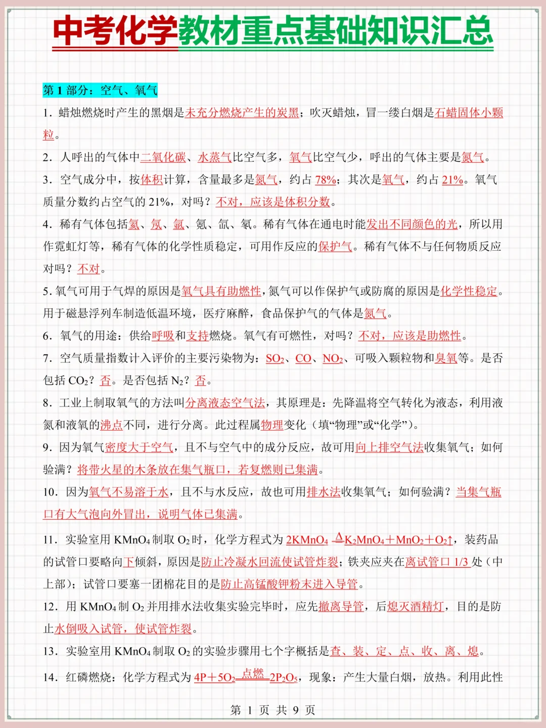 中考化学教材重点基础知识汇总