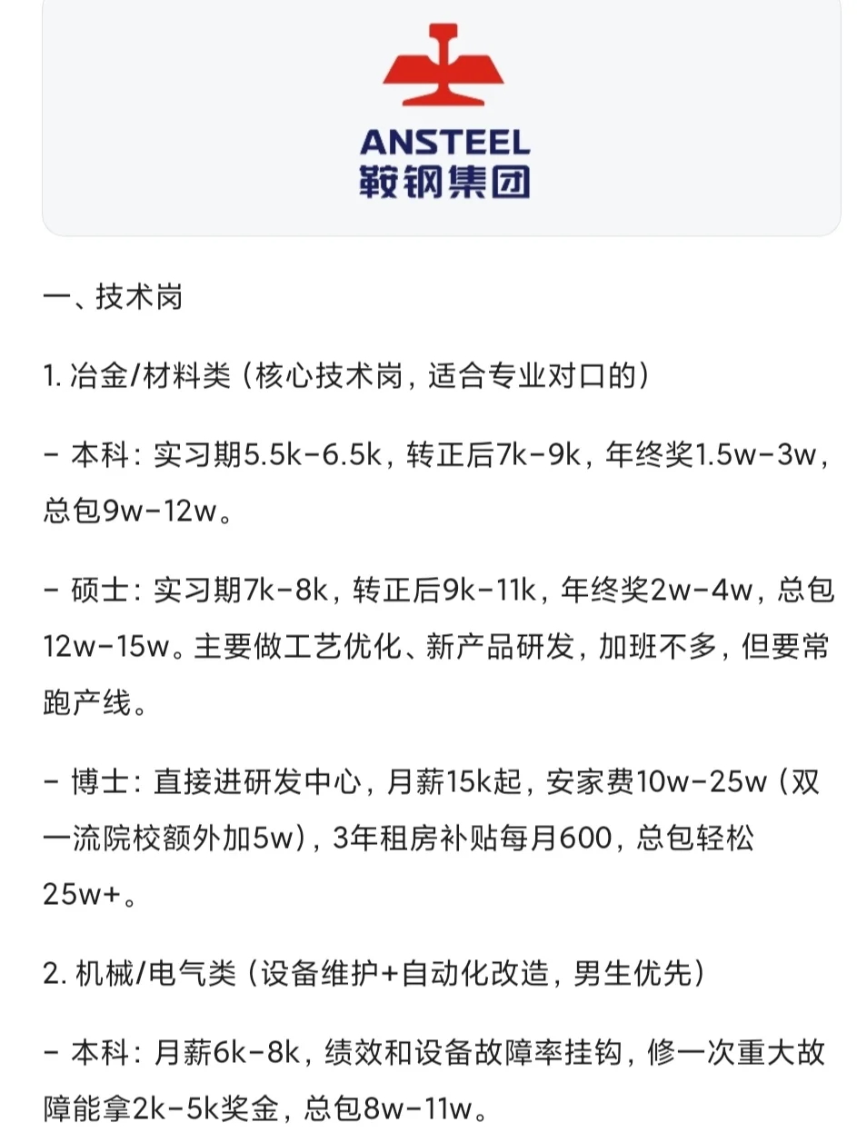 鞍钢集团各岗位薪资待遇参考