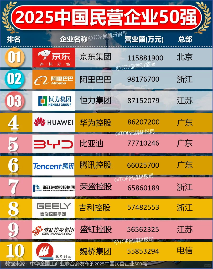 2025中国民营企业50强ᅵ京东ᅵ美团ᅵ华为