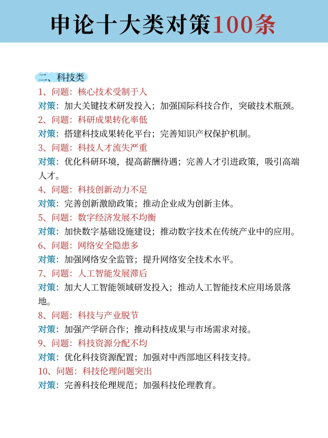 码住！申论常考十大领域对策100条！