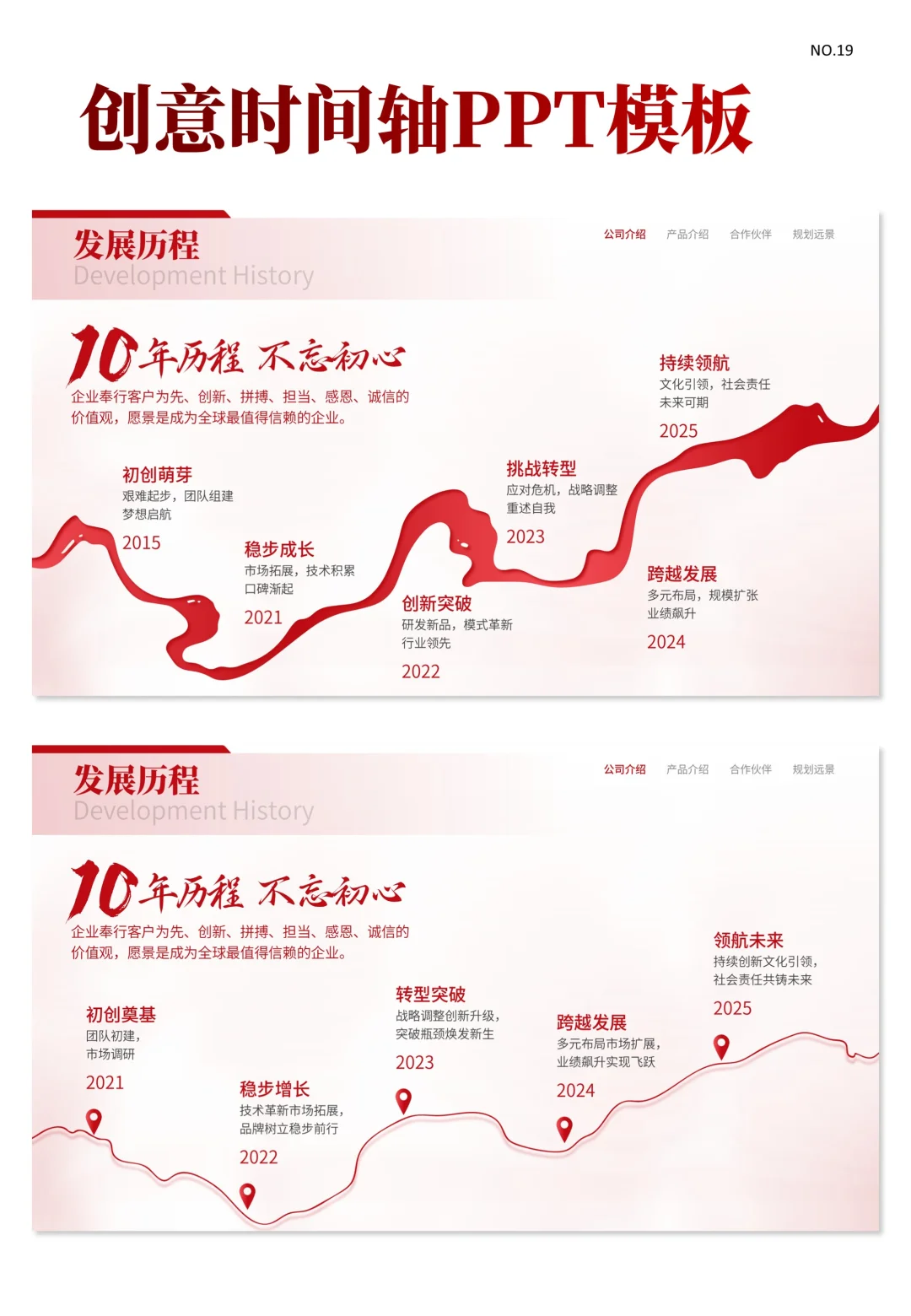 64页红色商务风创意时间轴企业发展ppt模板