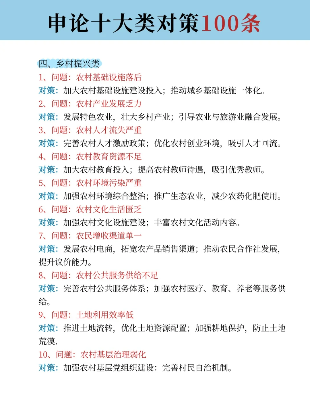 码住！申论常考十大领域对策100条！