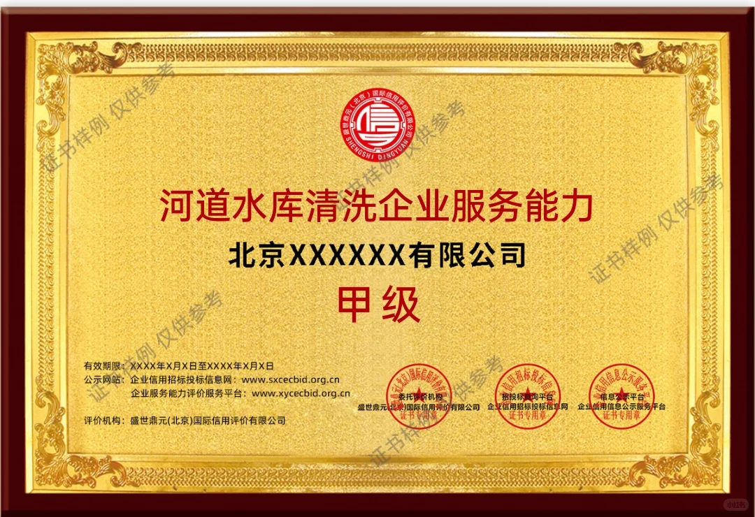 河道水库清洗企业服务能力等级甲级证书