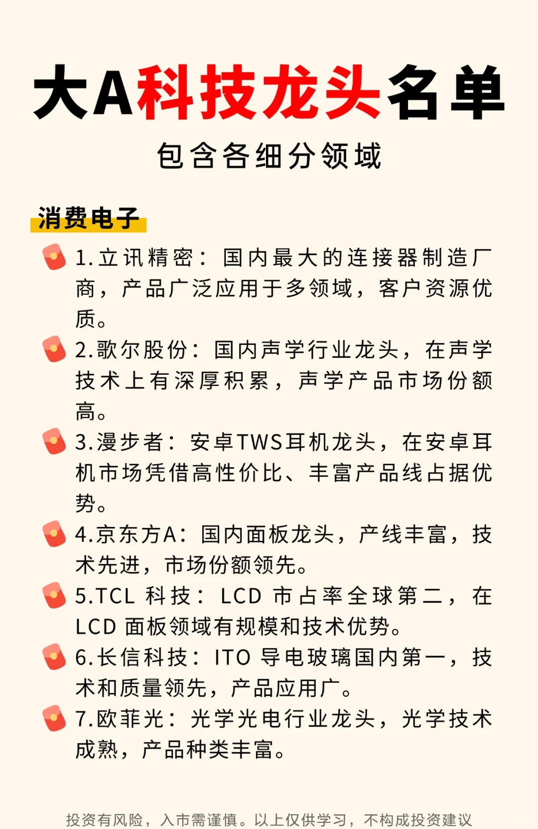 大A各细分领域“科技龙头”名单