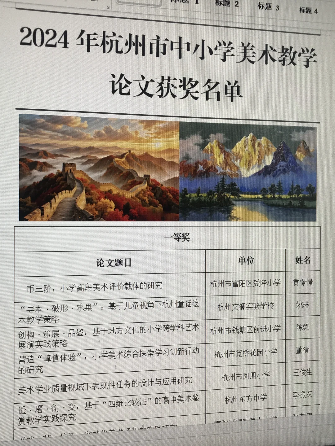 2024年杭州市中小学美术教学论文获奖名单！