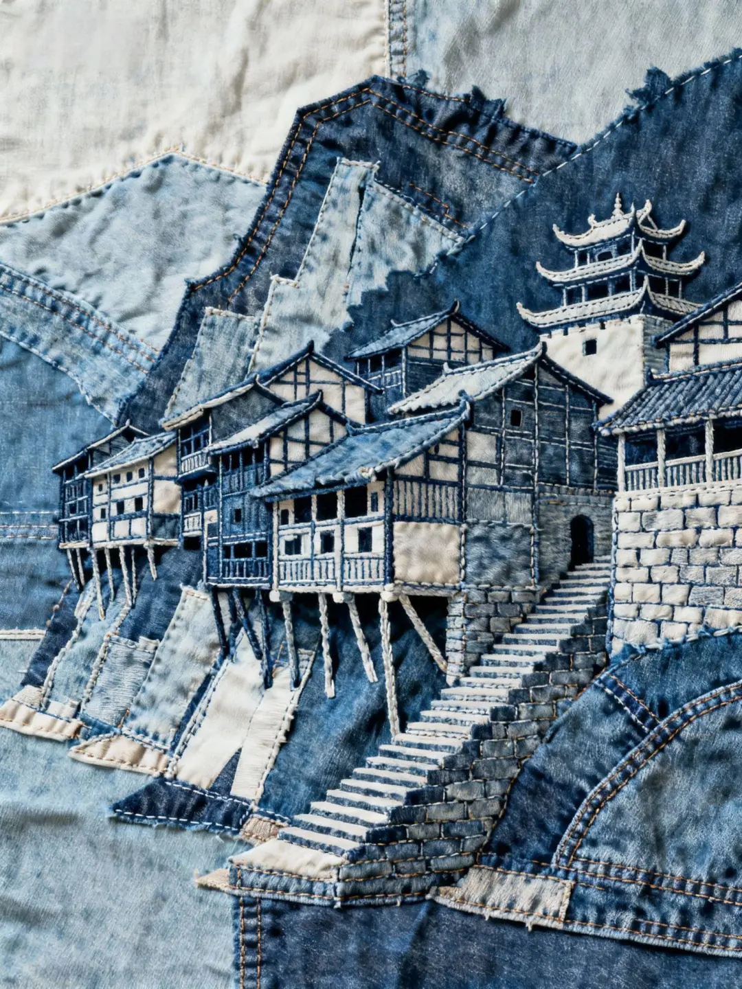 牛仔拼缝还原巴蜀文化以及三峡风光