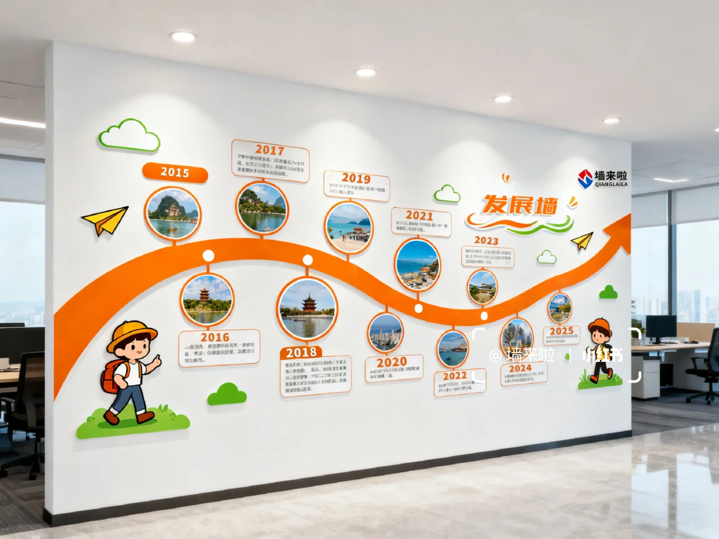 这面橙色系发展历程墙让办公室卷起来咯❗