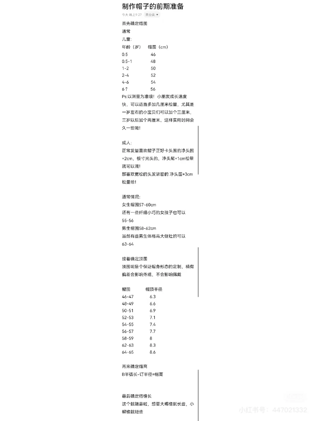 帽子制作涉及数据