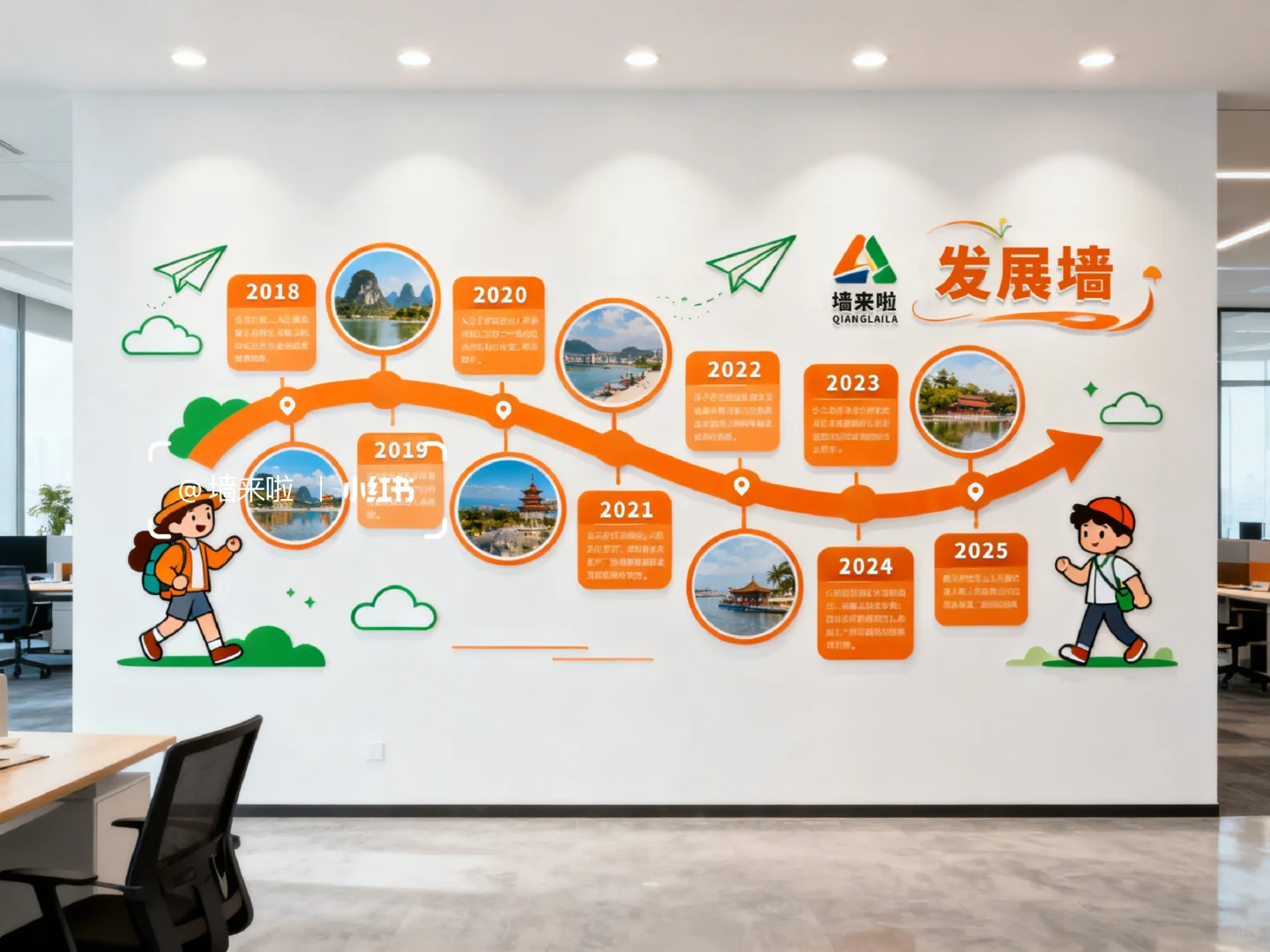 这面橙色系发展历程墙让办公室卷起来咯❗