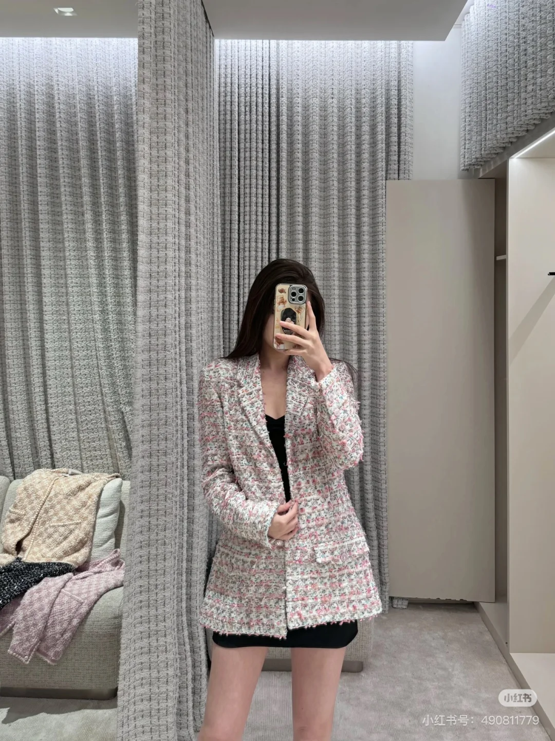 ?Chanel 23C粉色?混色编织翻领双口袋外套