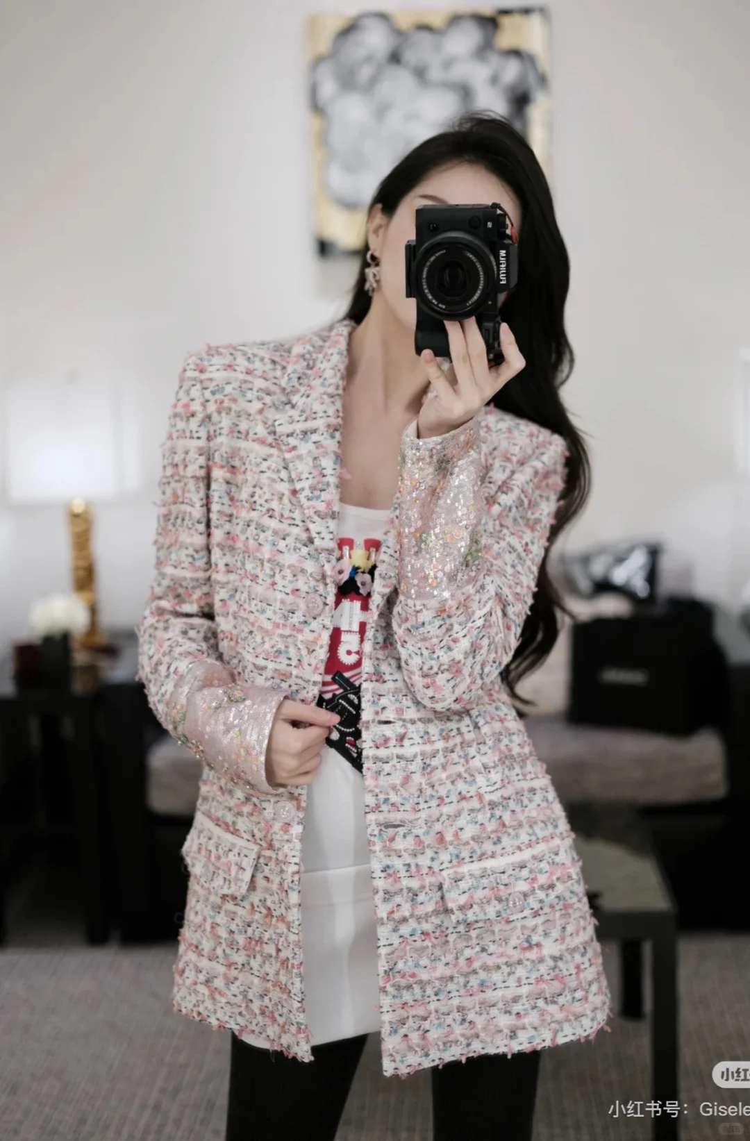 ?Chanel 23C粉色?混色编织翻领双口袋外套