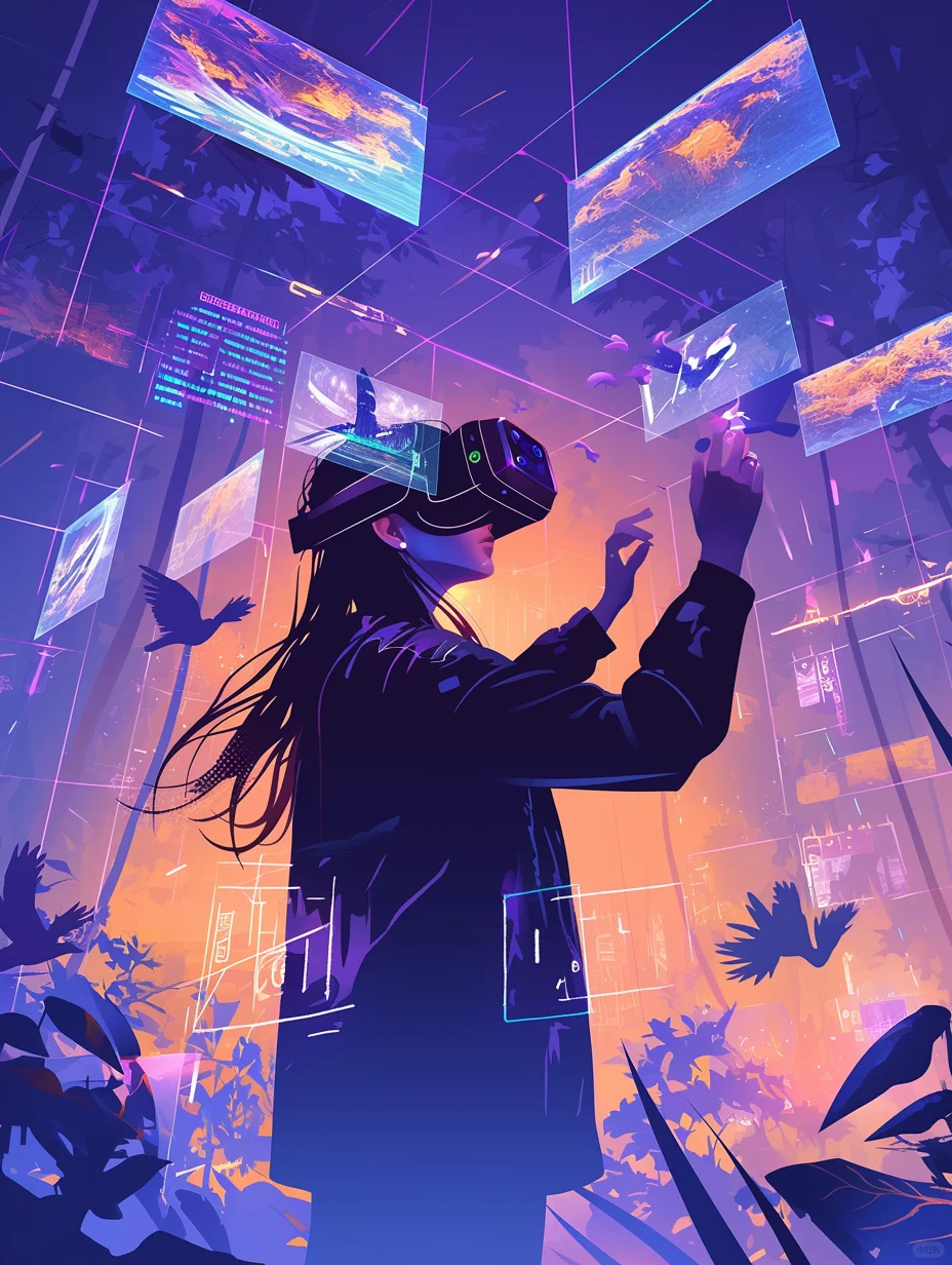 一个人戴着 VR 眼镜,周围有许多浮动的屏幕