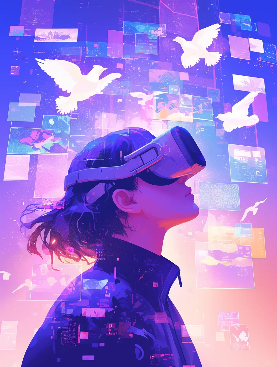 一个人戴着 VR 眼镜,周围有许多浮动的屏幕