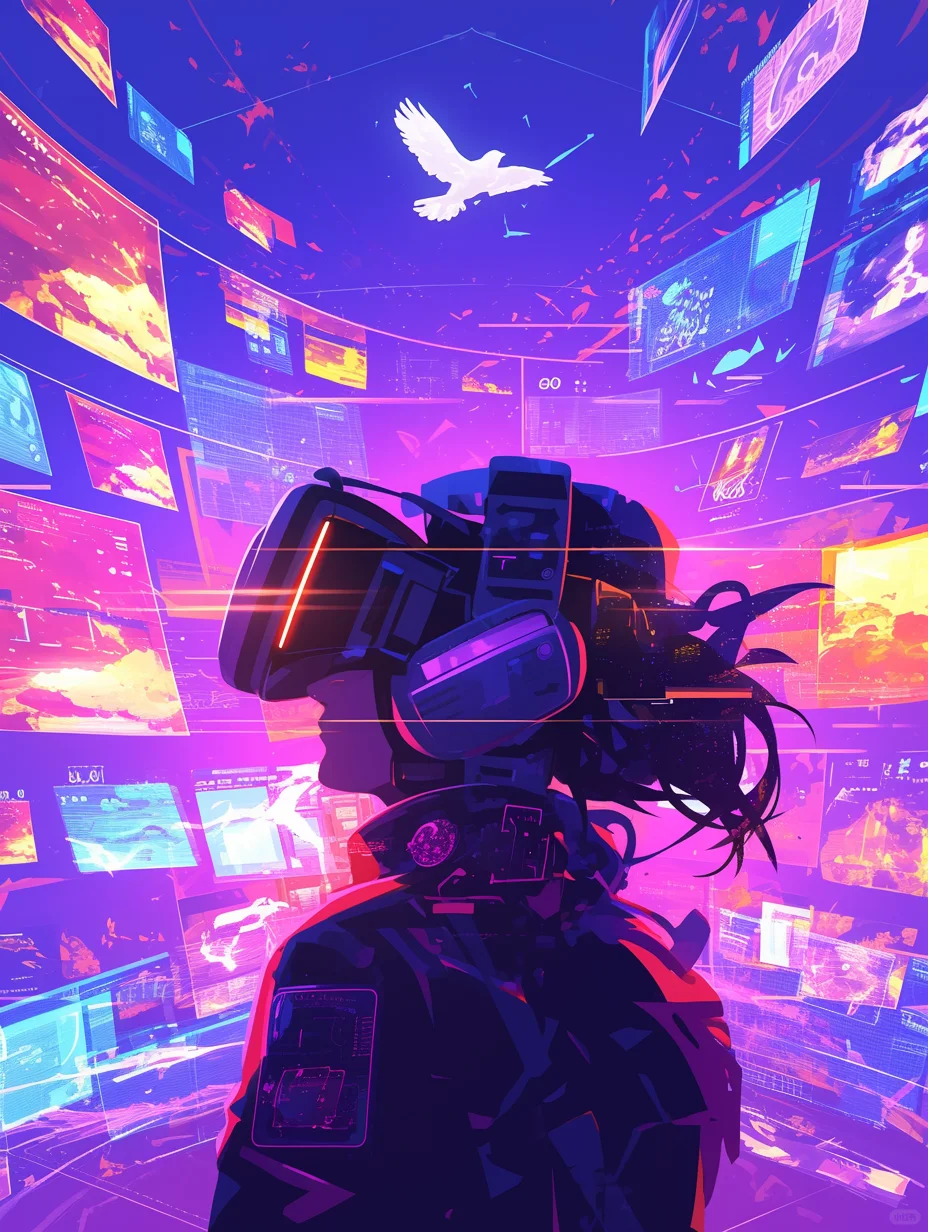 一个人戴着 VR 眼镜,周围有许多浮动的屏幕