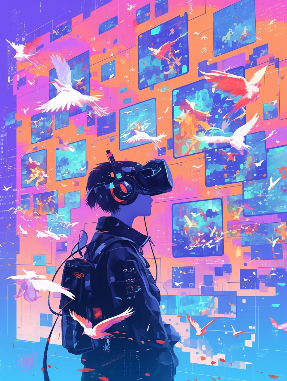 一个人戴着 VR 眼镜,周围有许多浮动的屏幕