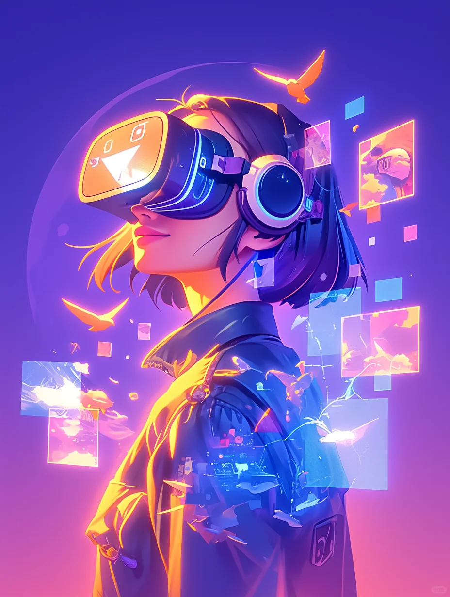 一个人戴着 VR 眼镜,周围有许多浮动的屏幕