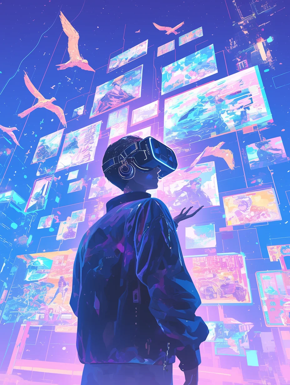 一个人戴着 VR 眼镜,周围有许多浮动的屏幕