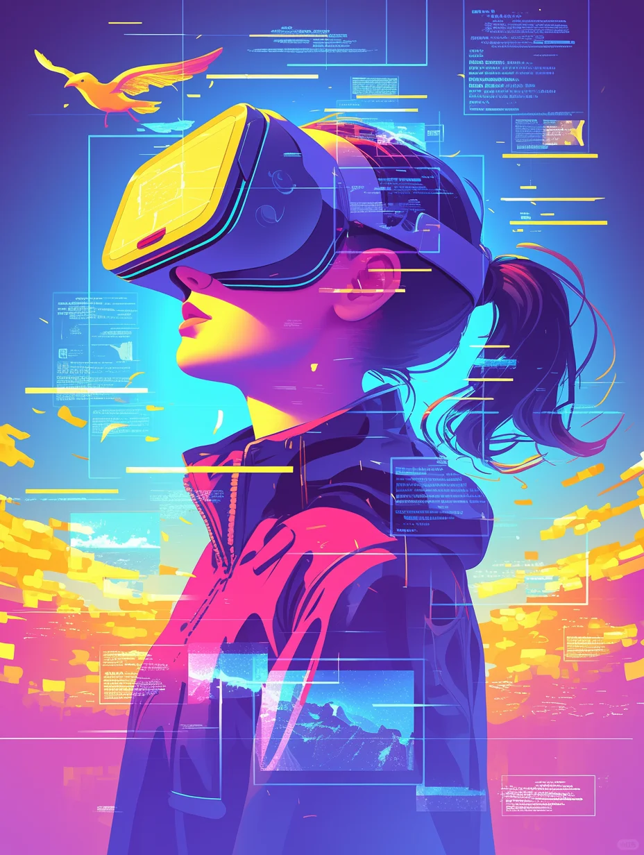 一个人戴着 VR 眼镜,周围有许多浮动的屏幕