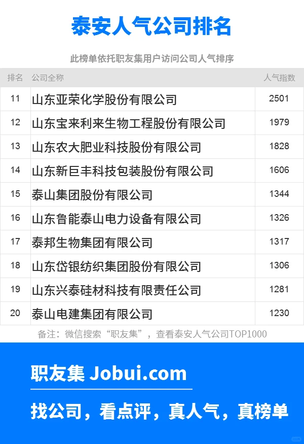 2025年泰安最佳人气雇主50强排名
