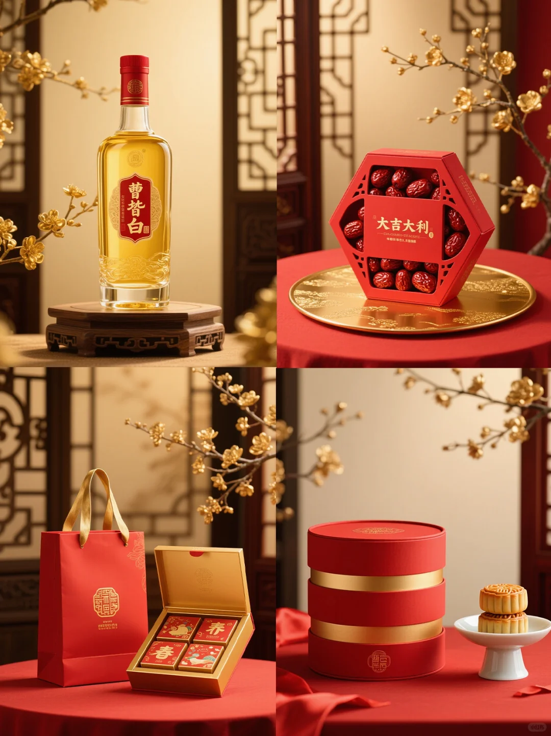 AI直出?中式国风产品新年礼盒场景图