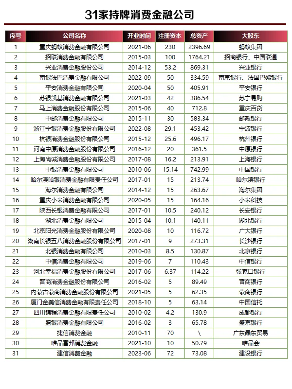 31家持牌金融消费公司