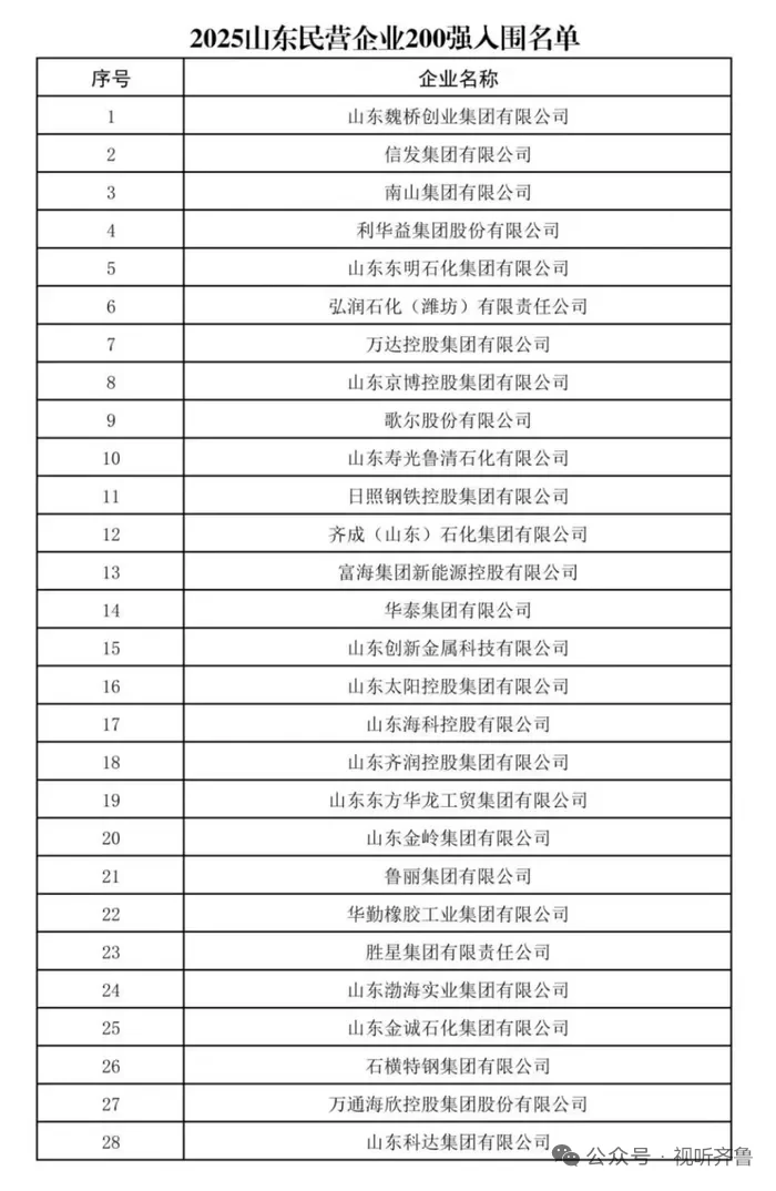 2025山东民营企业200强入围名单