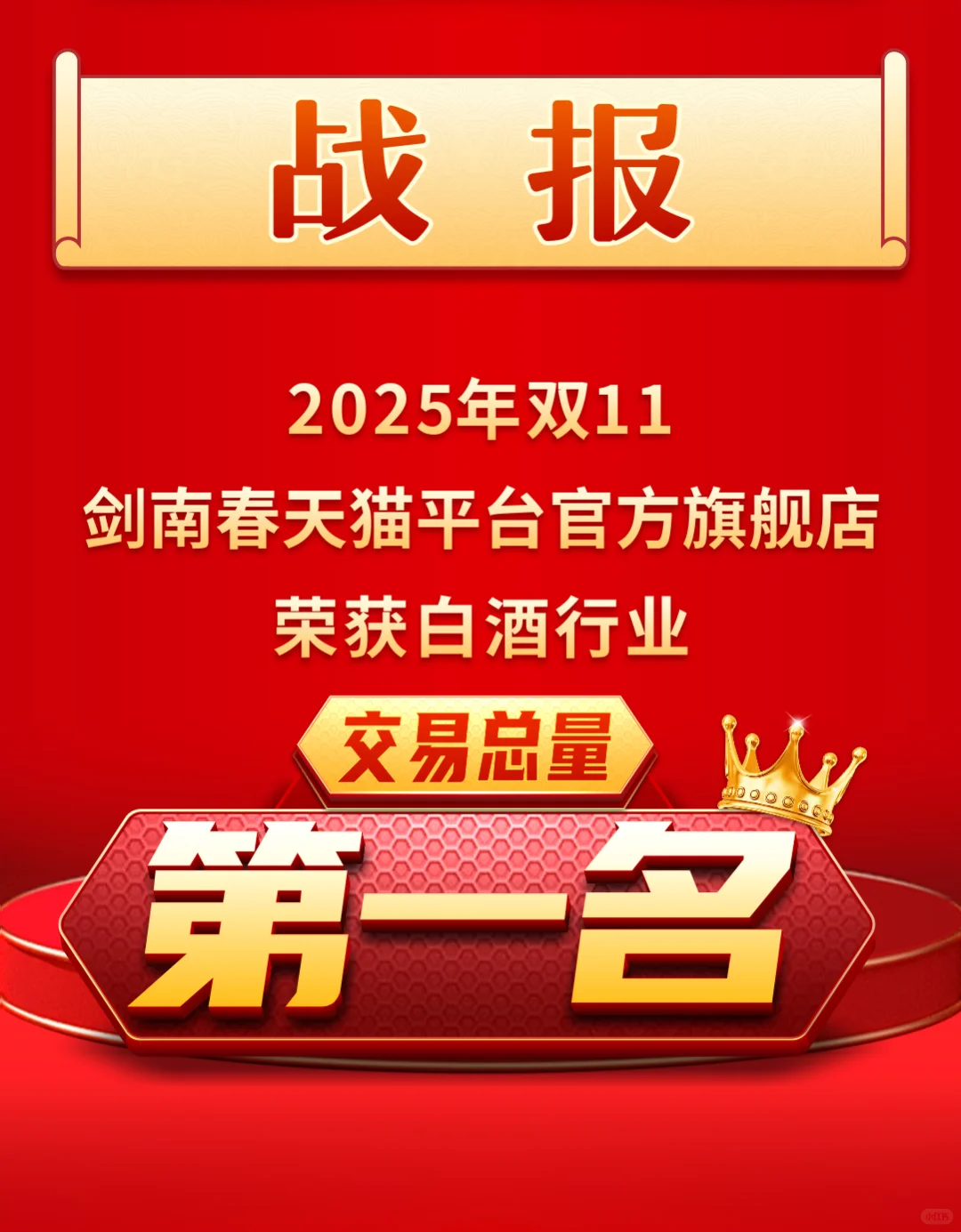 剑南春获天猫双11白酒行业交易总量第一名!