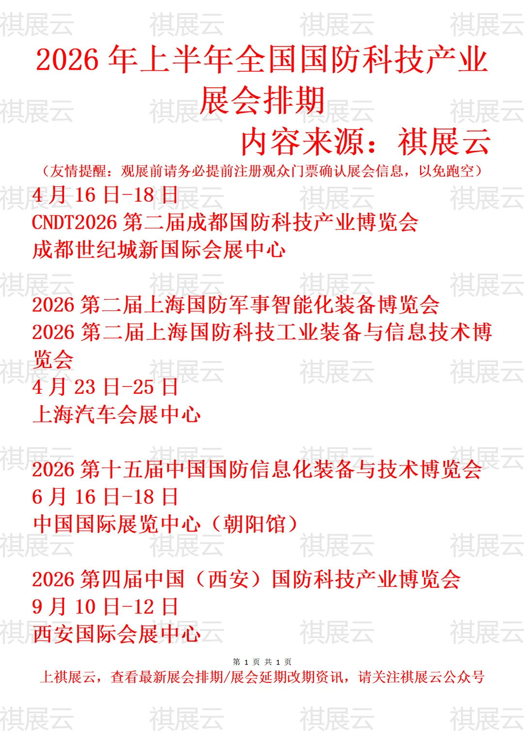 2026年上半年全国国防科技产业展会排期