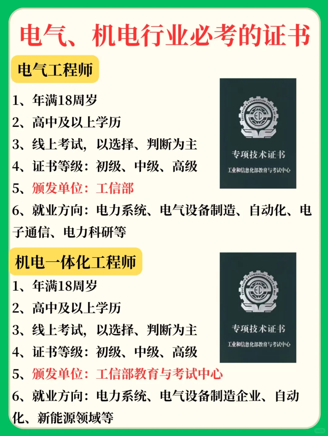 电气、机电、机械行业必备证书