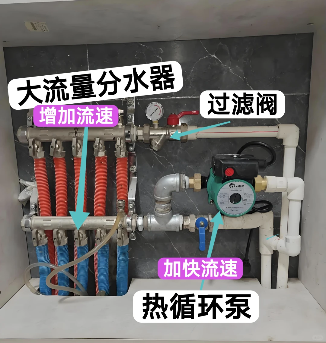 地暖管道换分水器 球阀 增压泵提升室内温度