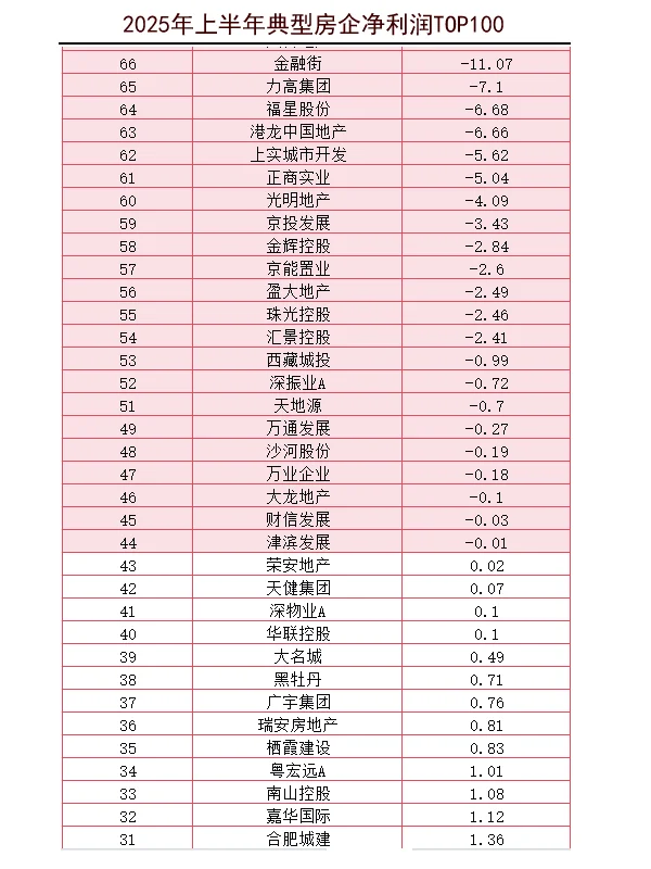 2025年上半年房企净利润TOP100