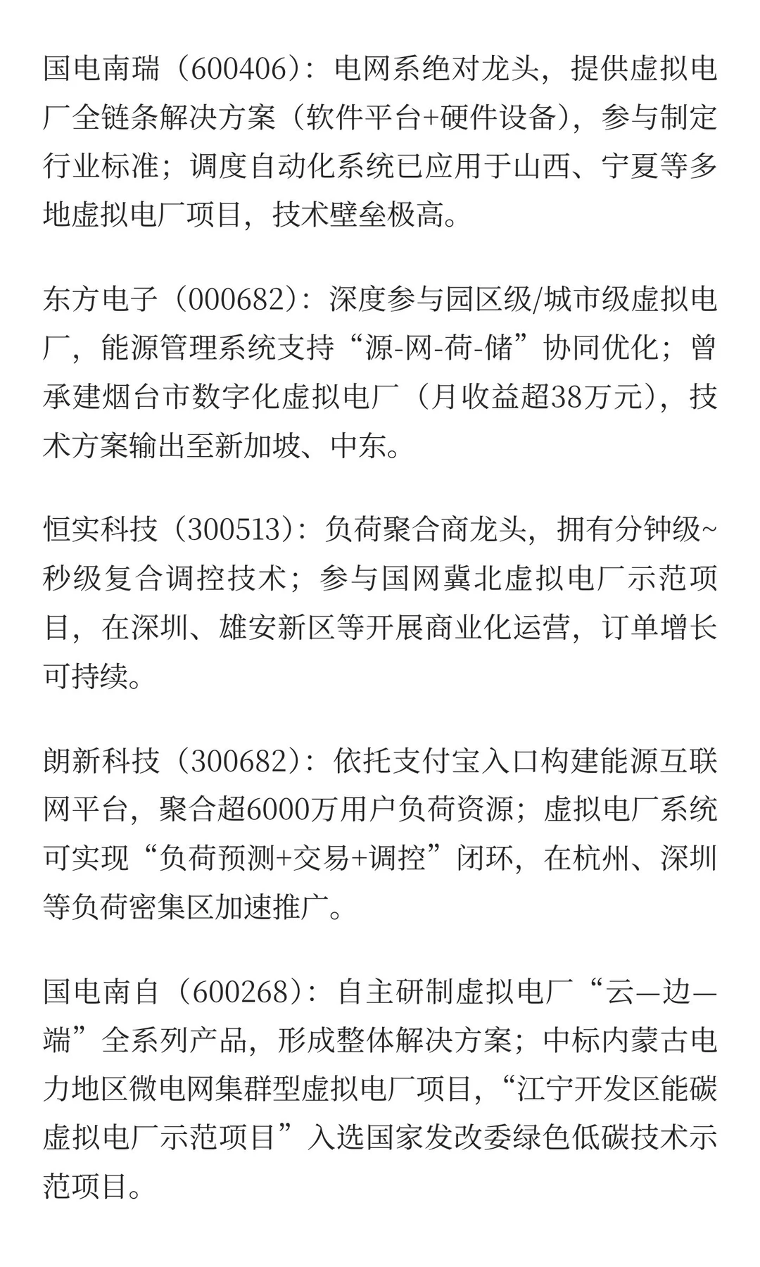 虚拟电厂相关产业链公司（网络搜索总结，仅