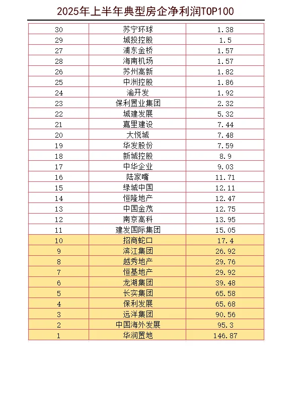 2025年上半年房企净利润TOP100