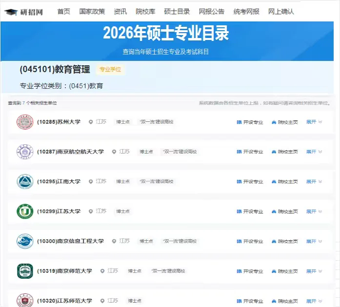 研招网发布了江苏非全教育硕士招生院校