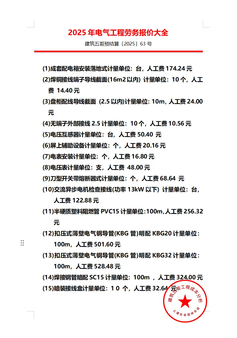 2025年电气工程劳务报价大全