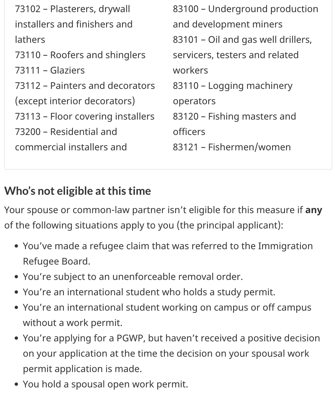 2025年1月25起，毕业工签可申请配偶工签列表