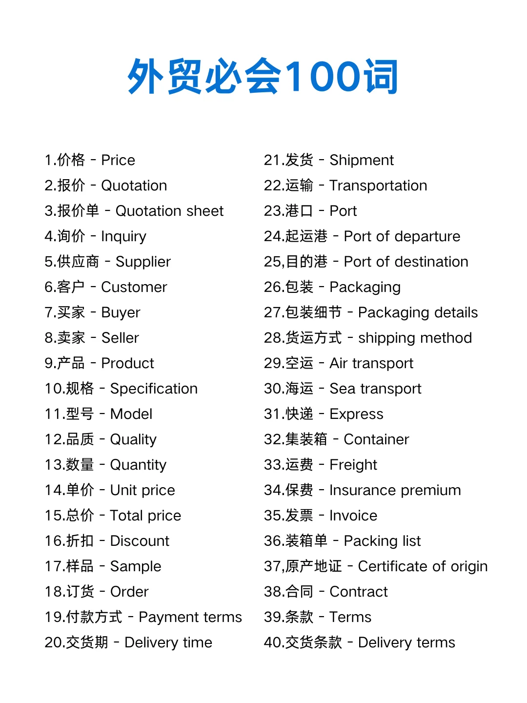 外贸常见的100个单词，外贸新人先学！?
